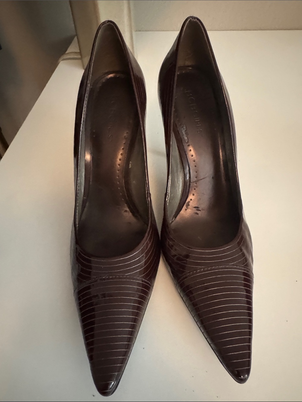 Worn to 1 event BCBGirls Brown Pointed Toe Striped Leather Pumps.